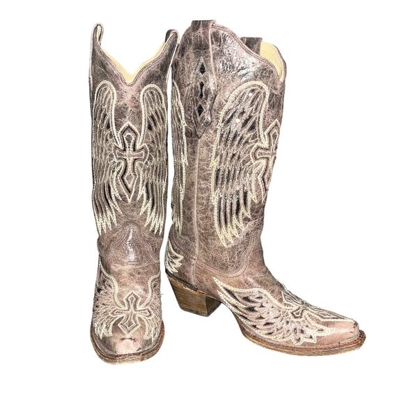 CORRAL WOMEN BROWN GLITTER INLAY CROSS AND WING EMBROIDER LEATHER COWBOY BOOT 8 - Picture 2 of 11